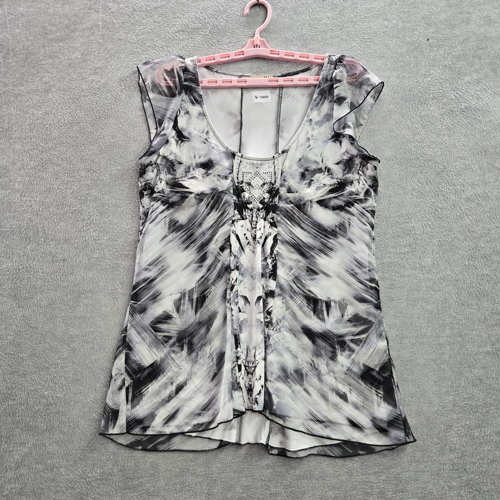 One World Women Top‎ Medium White Black Floral Blouse Studded Semi Sheer